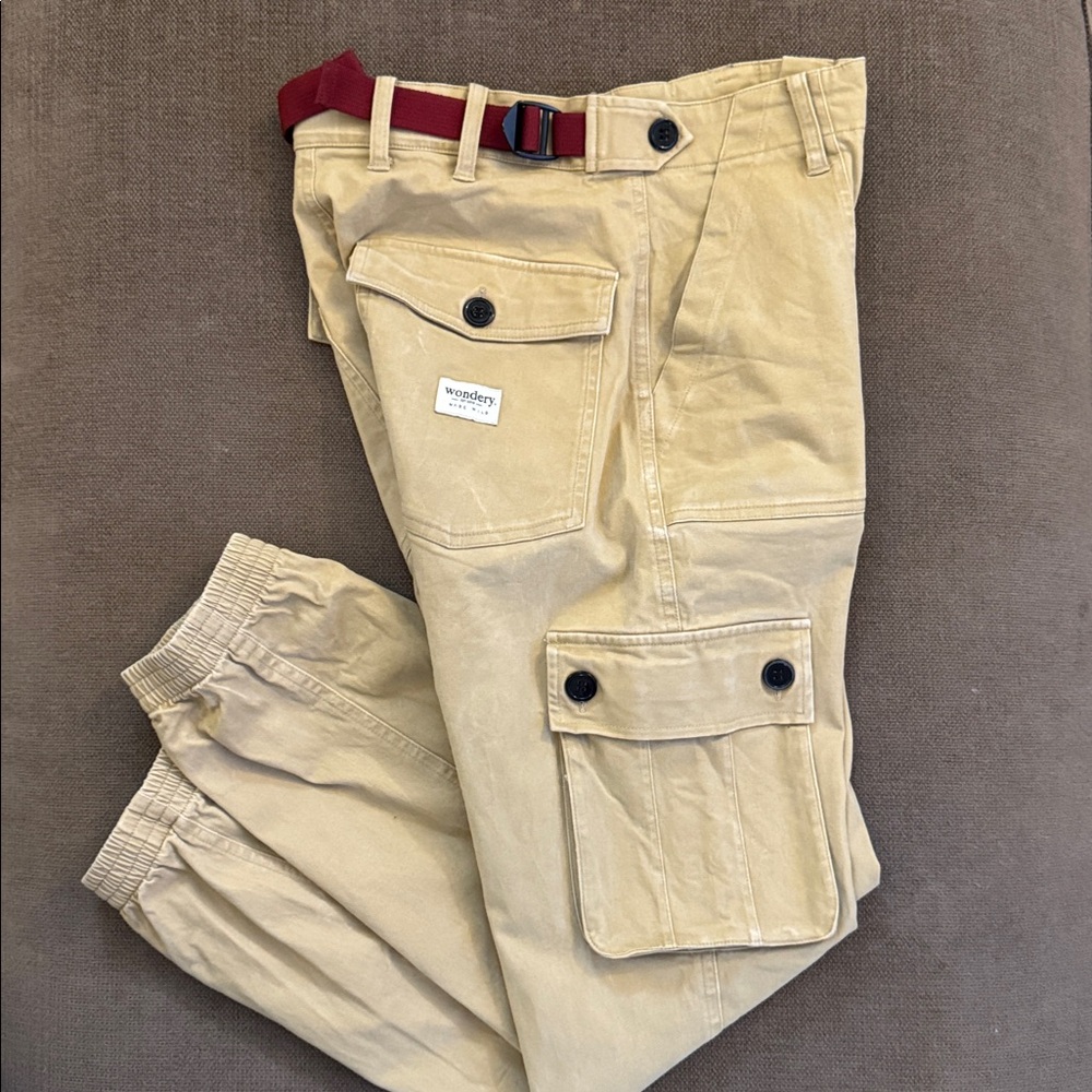 Wonderry Beige Cargo Jogger Pants with Built-In Belt